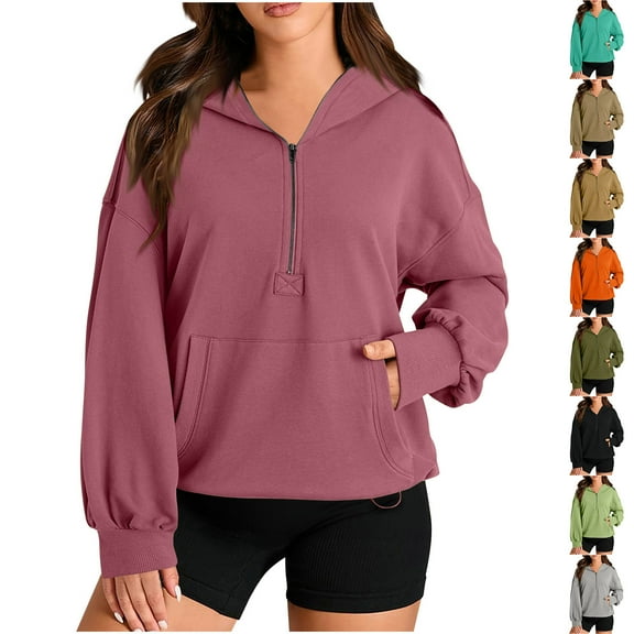 jtjvou Oversized 1/4 Zip Sweatshirts for Women Casual Long Sleeve Pullover Hoodies Pocket Hooded Top Fall Winter Clothes 2025 Green L