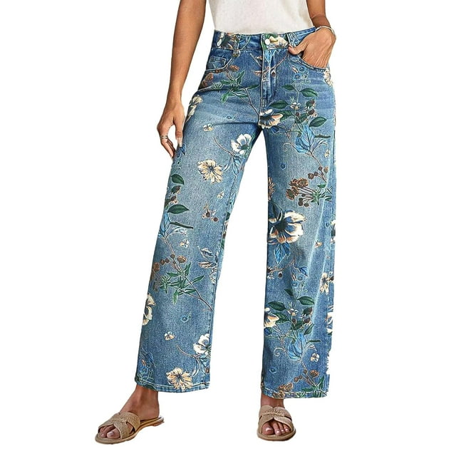 Pantalones Flamingals vintage con estampado floral recto azul medio para mujer