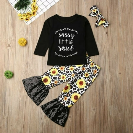 

3pcs Toddler Baby Girl Leopard Outfit Little Sister T-Shirt Tops Sunflower Flares Pants Bell-Bottoms Headband Clothes