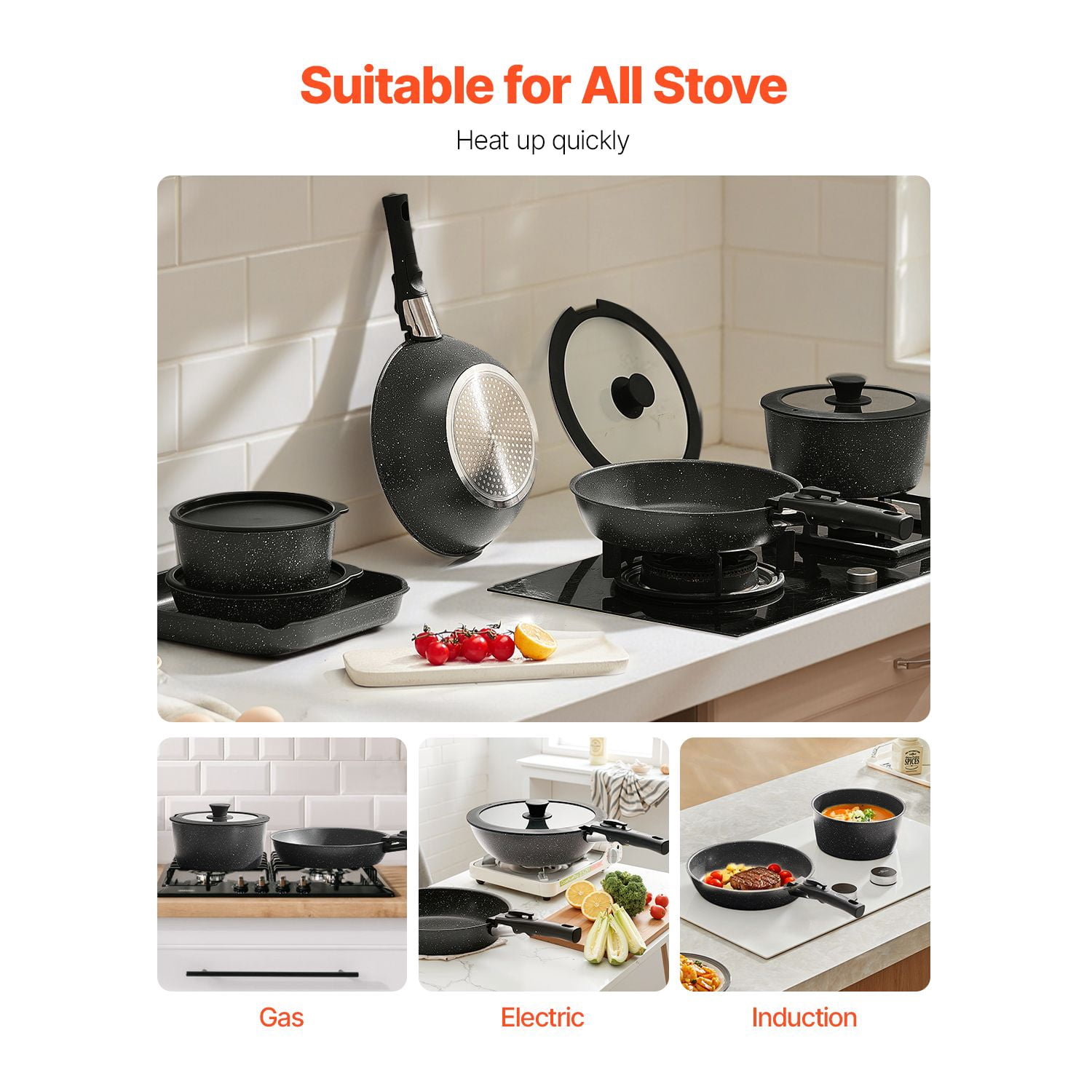 17 Piece Pots and Pans Set, Granite Nonstick Detachable Handle Cookware, Space Saving Induction Cookwares, Kitchen RV Cooking Sets with Frying, Sauce, Saute, Tempered Glass Lid, Oven Safe, Black