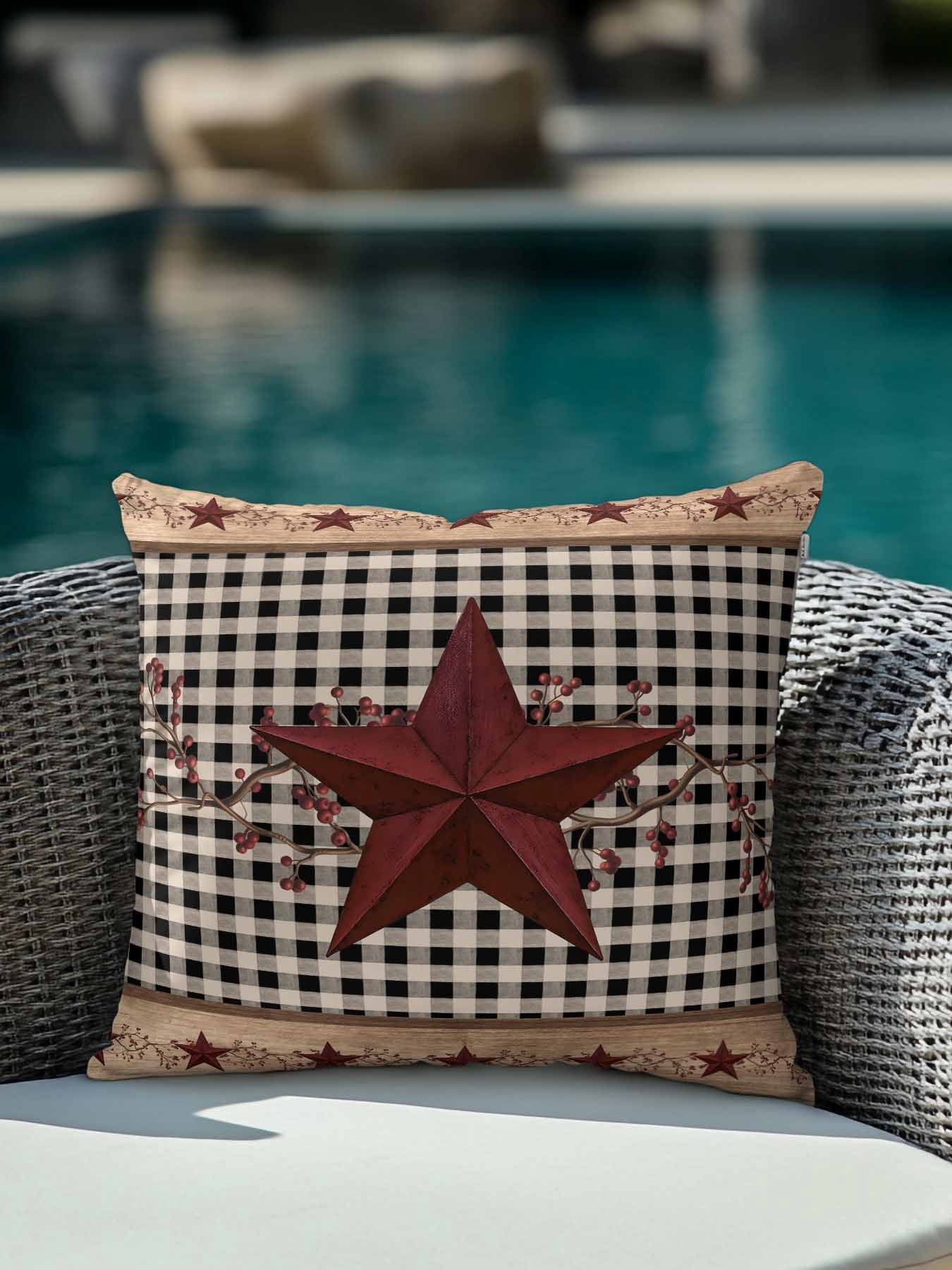 Outdoor Pillows Waterproof, Red Texas Star Farmhouse Bedding Throw Pillows with Insert for Couch Sofa Bed, Black Plaid Berry Country 18x18 Inch Pillowcases Decorative Camping Patio Pillow Set of 1