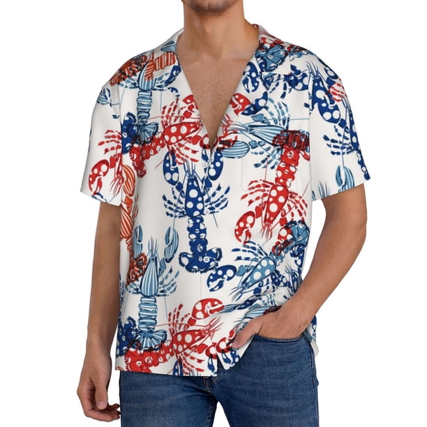 Balery Red Lobster Camisa Casual de Manga Corta con Botones para Hombre, Texturizada, Estilo Cubano, para Playa, Verano-3X-Large