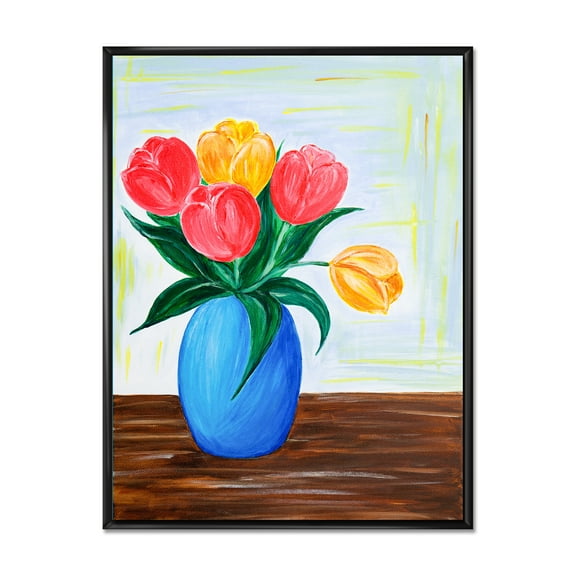 Designart 'Bouquet Of Orange and Red Tulips In A Vase' Traditional Framed Canvas Wall Art Print