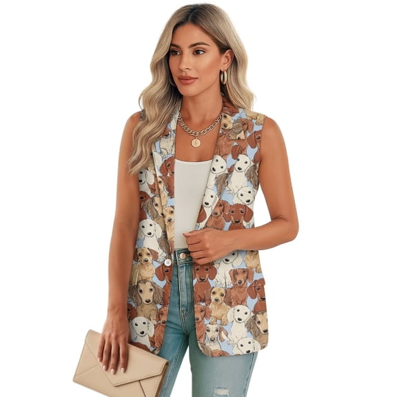 Psesaysky Cute Dachshund Print Womens Summer Suit Vest Tops Fashion Casual Sleeveless Blazers Single Button Down Lightweight Work Waistcoat, Size 5XL