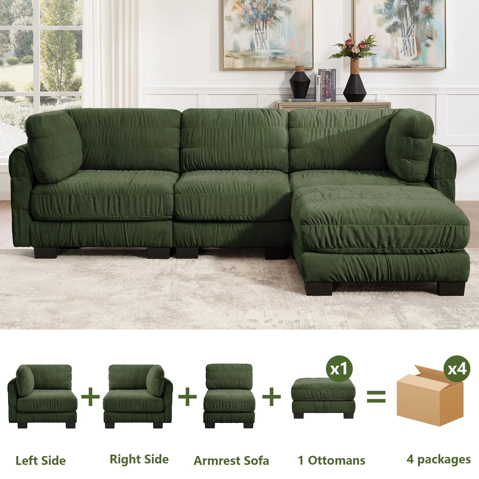 109" L Shape 3 Seat Chenille Modular Sectional Sofa with Movable Ottoman and L Shape Back Cushions