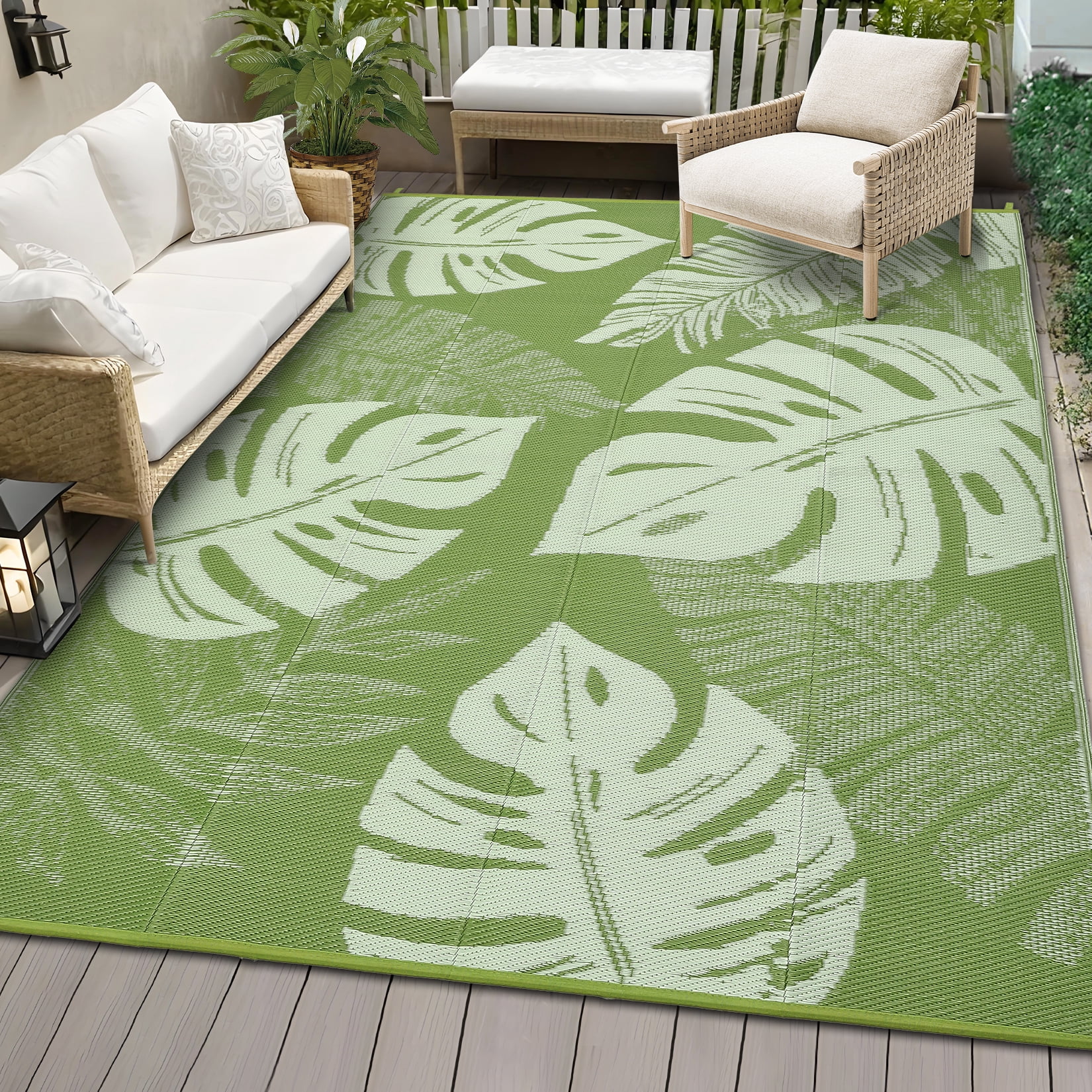 COZONY 8x10 Outdoor Rug, Reversible Waterproof Plastic Straw Patio Rug with Palm Leaf Pattern, Indoor Outdoor RV Mat for Patio Deck Balcony Camping