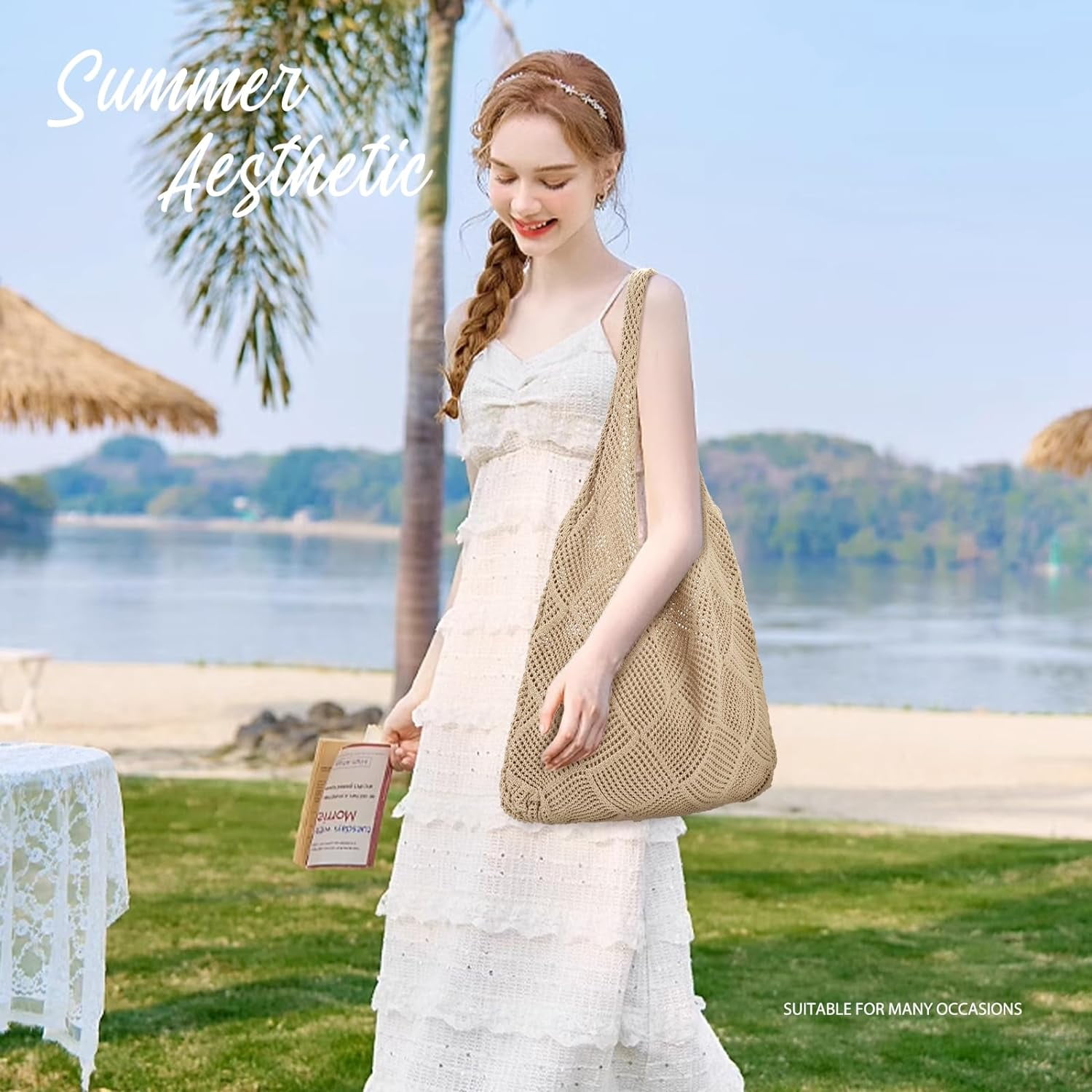 Crochet Bag for Women, Crochet Tote Summer Bag Mesh Large Shoulder Bag (Khaki 14 x 10 x 26.5in)
