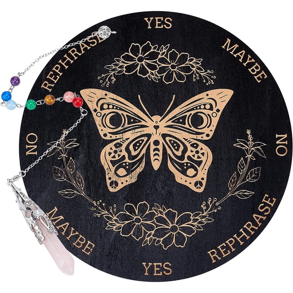 7.8" Pendulum Board Wooden Dowsing Planchette with Rose Quartz Dowsing Pendulums Divination Tools for Spirit Decoration - Butterfly Moon Flower Mixed Color