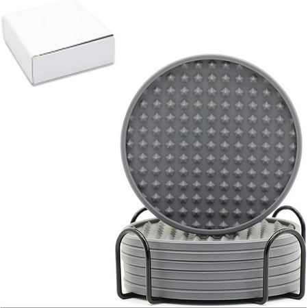 

6 Pcs Set Silicone Drinks Coaster Round Coffee Table Cup Mat with Metal Holder Stand Non Slip Heat Resistant Coasters (Grey 6)