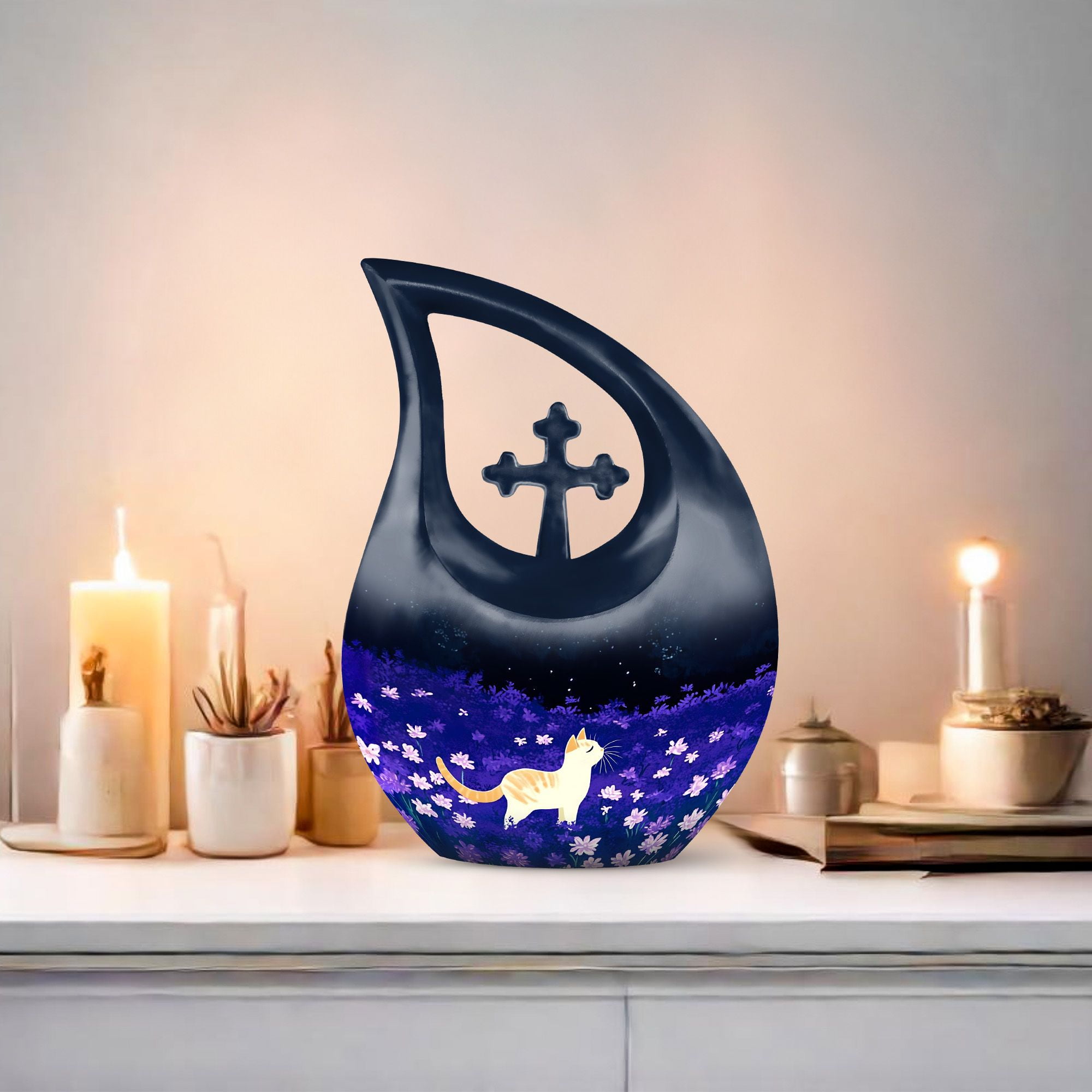 MUKTIVE White Cat Cremation Urn for Human Ashes Adult Mother & Father - Blue Cross Drop Urns for Burial - Memorial Flowers Large Urn for Men & Women (10 Inch)