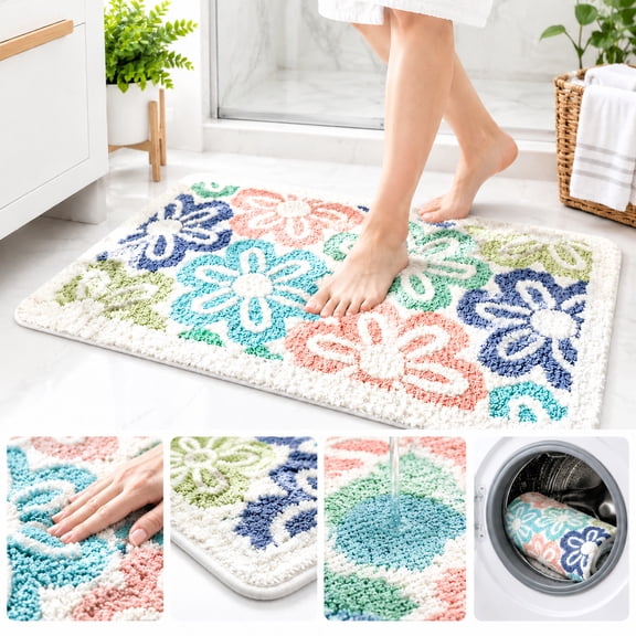 Floral Bath Mat, Non-Slip Absorbent Bathroom Rug, Machine Washable