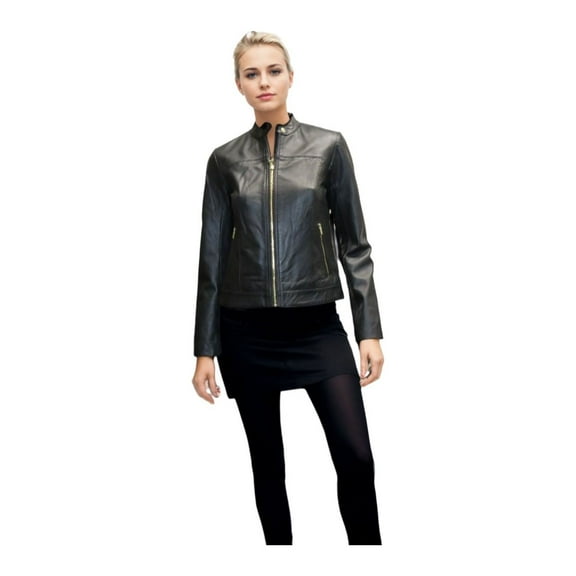 Cole Haan Women's Genuine Leather Jacket, Racer Design, Black, Spring Style (Black, XS)