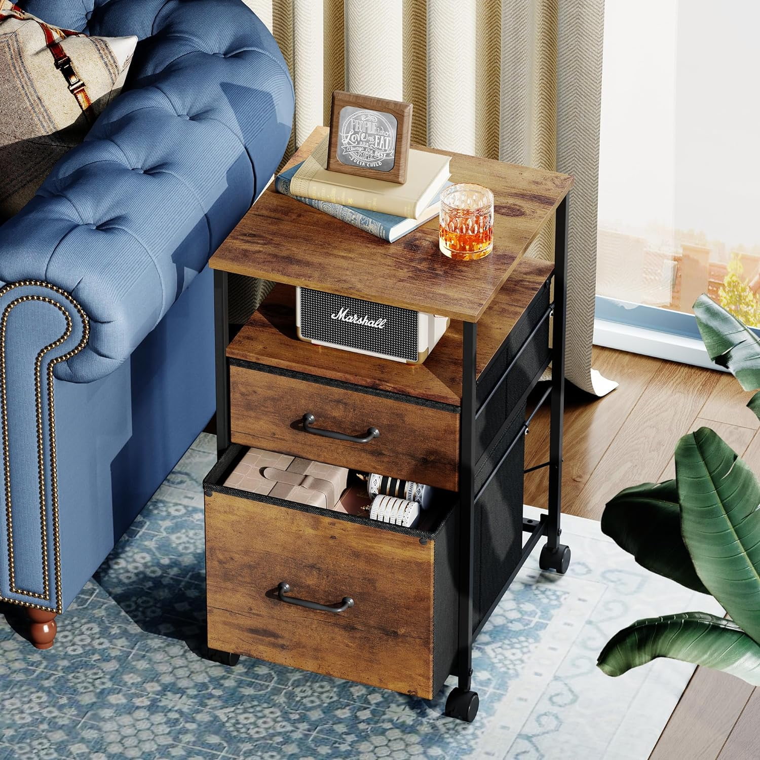 2 Drawer Mobile File Cabinet, Rolling Printer Stand with Open Storage Shelf, Fabric Vertical Filing Cabinet fits A4 or Letter Size for Home Office