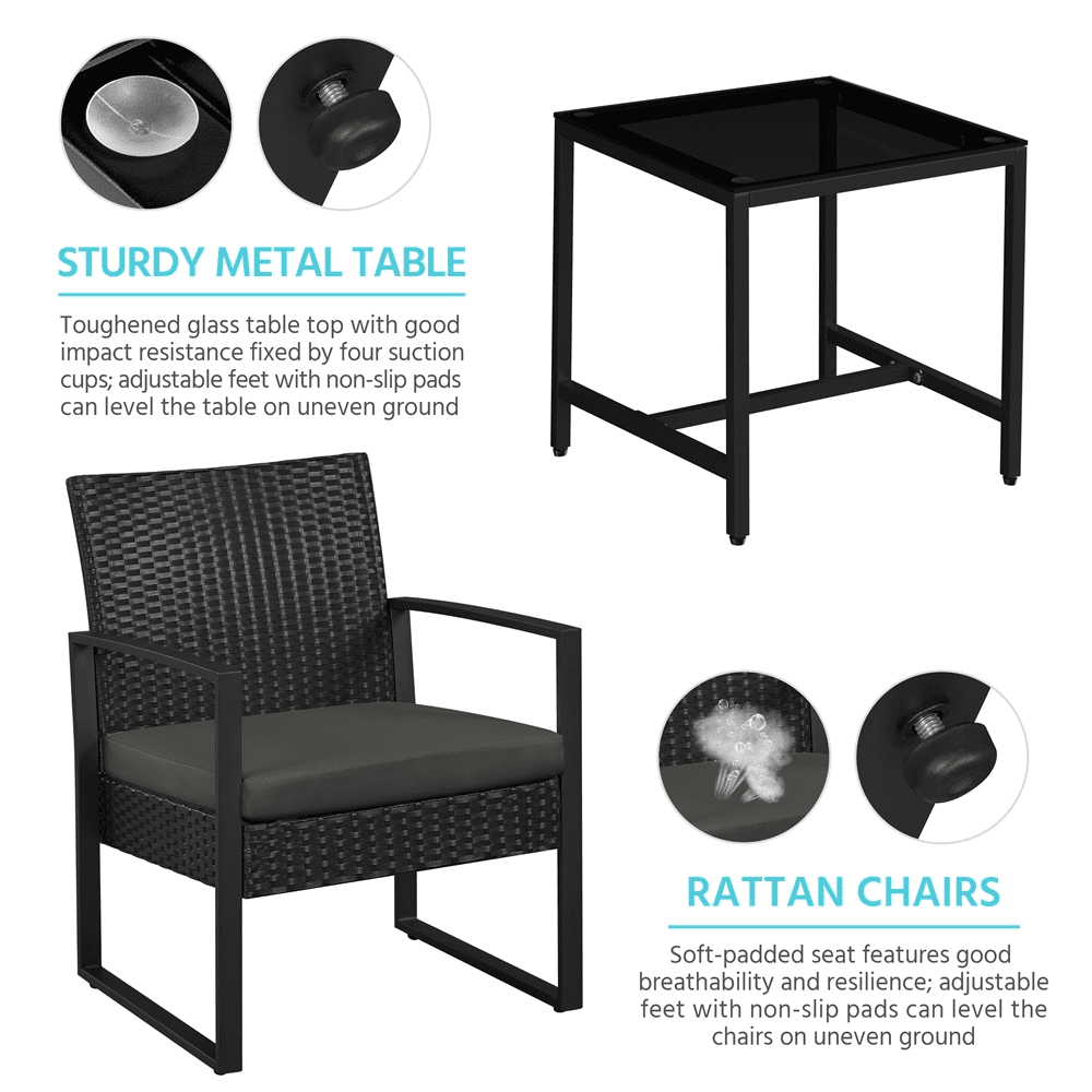 Renwick 3-Piece Patio Bistro Set with 2 PE Rattan Chairs and Table, Black/Gray