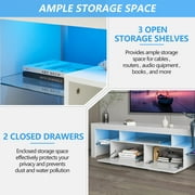 UHOMEPRO TV Stand for TV up to 80, High Gloss Entertainment Center with RGB LED Lights and Storage Shelves, White Media Console for Living Room