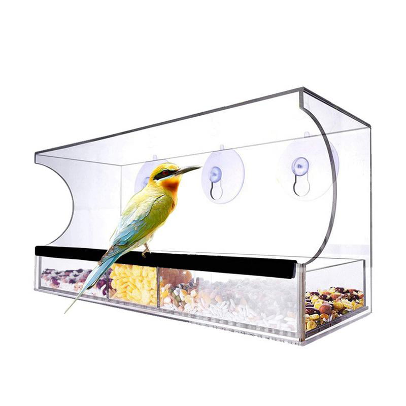 Clear Window Bird Feeder for Outside Acrylic Squirrel Proof Wild Birdfeeder with 3 Strong Extra Suction Cups Drain Holes and Removable Tray for Outside Bird House