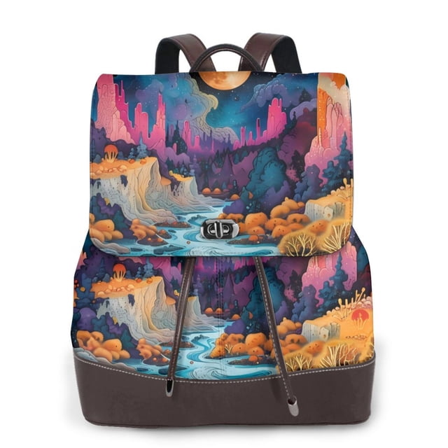 Xecao Fantasy Cosmic Landscape Pattern Women's Leather Backpack for School, Work, Travel - Stylish PU Leather, Spacious Design, Zipper Closure