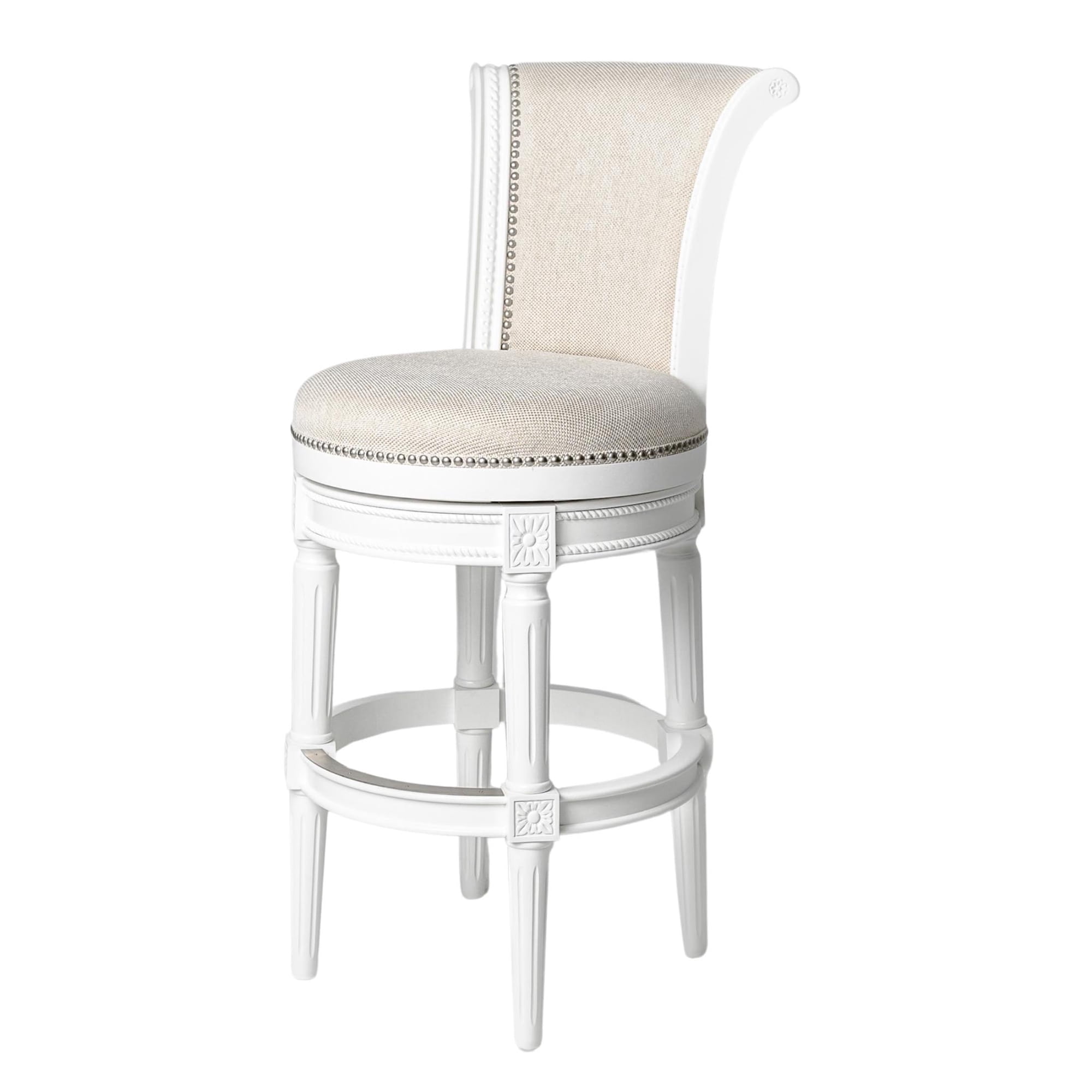 Maven Lane Pullman Bar Stool 31 Inches –Swivel Stool with Footrest – White Solid Wood Frame & Natural Fabric Upholstery – Perfect for Bars, Pub Tables & Tall Kitchen Counters