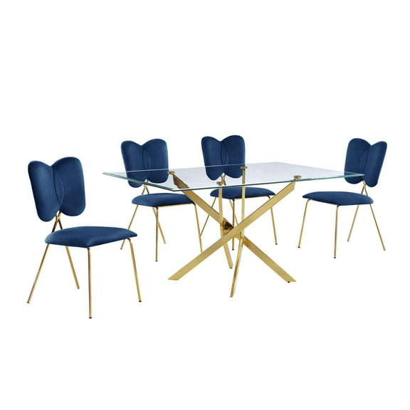 Rectangle 60" x 38" 5pc Clear Glass Dining Set with Navy Blue Chairs