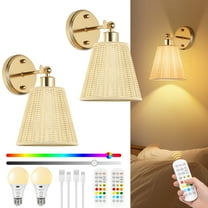 FRIDEKO HOME Rechargeable Battery Operated Boho Wall Sconce Set of Two with Remote, RGB 15 Colors Dimmable Wireless Wall Sconces with Plastic Lampshade, 4 Timer Wall Lights for Bedroom Living Room