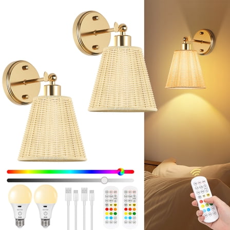 FRIDEKO HOME Rechargeable Battery Operated Boho Wall Sconce Set of Two with Remote, RGB 15 Colors Dimmable Wireless Wall Sconces with Plastic Lampshade, 4 Timer Wall Lights for Bedroom Living Room