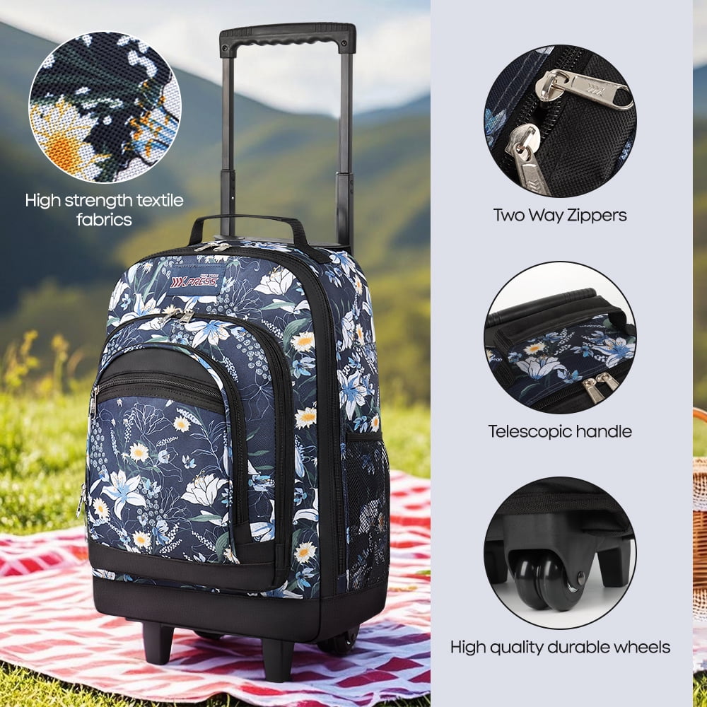 20" Rolling Backpack for Women Men, 2 in 1 Carry-on Travel Backpack with Wheels & Handle for Work, Weekend, School, Short Trips, Blue Lilies - JH2561