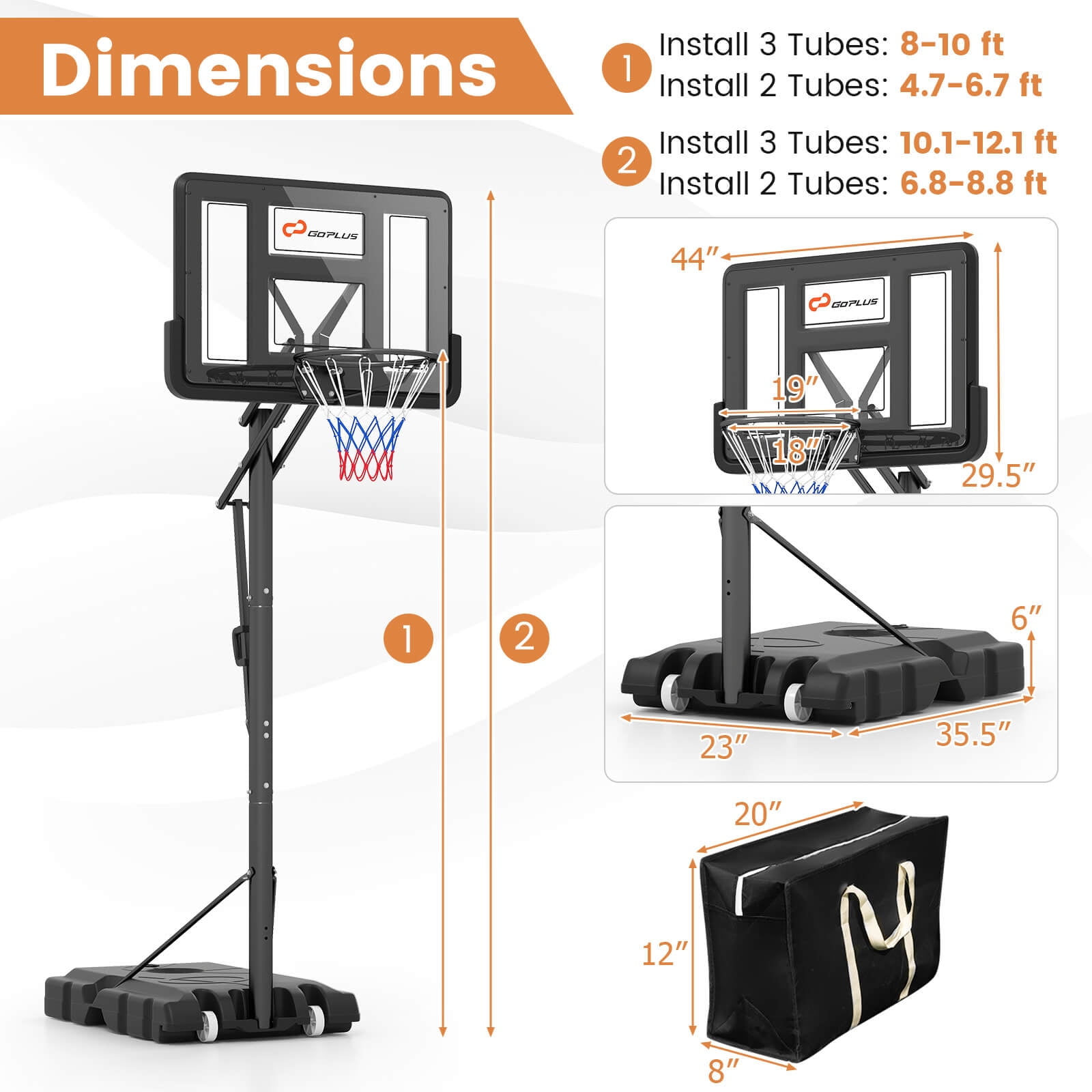 Costway 8ft-10ft Adjustable Height 44" Shatterproof Outdoor Portable Basketball System (Adult)