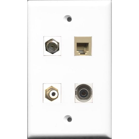RiteAV 1 Port RCA White and 1 Port Coax Cable TV- F-Type and 1 Port Phone RJ11 RJ12 Beige and 1 Port 3.5mm Wall Plate