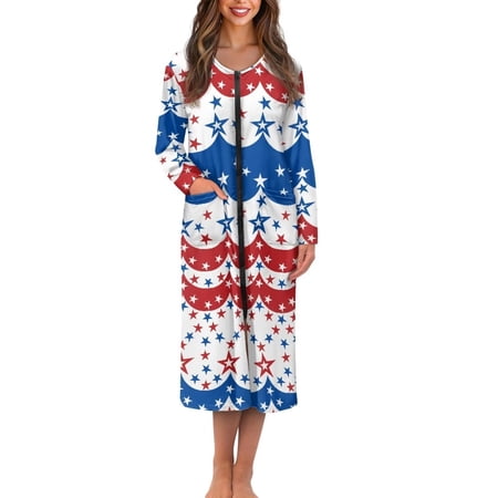 FKELYI American Flag Star Print Zipper Front Robes for Women Nightgowns Comfy Nightwear Dress with 2 Pockets Long Sleeve Bathrobes Fall Winter Zippered Housecoat Soft Loungewear M