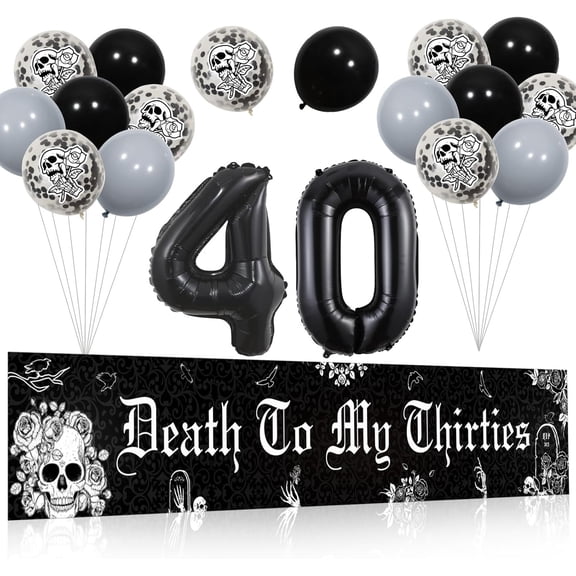 Blisstock Gothic Death to My 30s Decorations Rip to My 30s Birthday Yard Banner Dirty 40 Year Old Birthday Decor Black Latex Balloons Number 40 Foil Balloon for Gothic 40th Birthdays Party Supplies