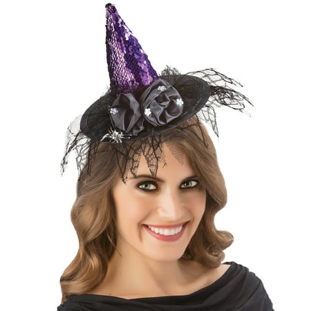 Spooky Halloween Witch Hat Headband with Black Tulle and Gloves with Long Silver Fingernails - Halloween Costume Accessories