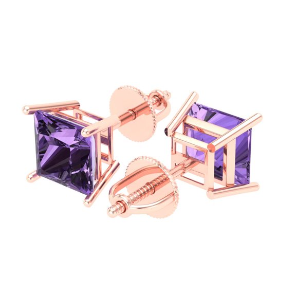 2 Ct Princess Cut Studs Purple Alexandrite 14K Rose Solid Solid Gold Everyday Dainty Earrings Screw Back