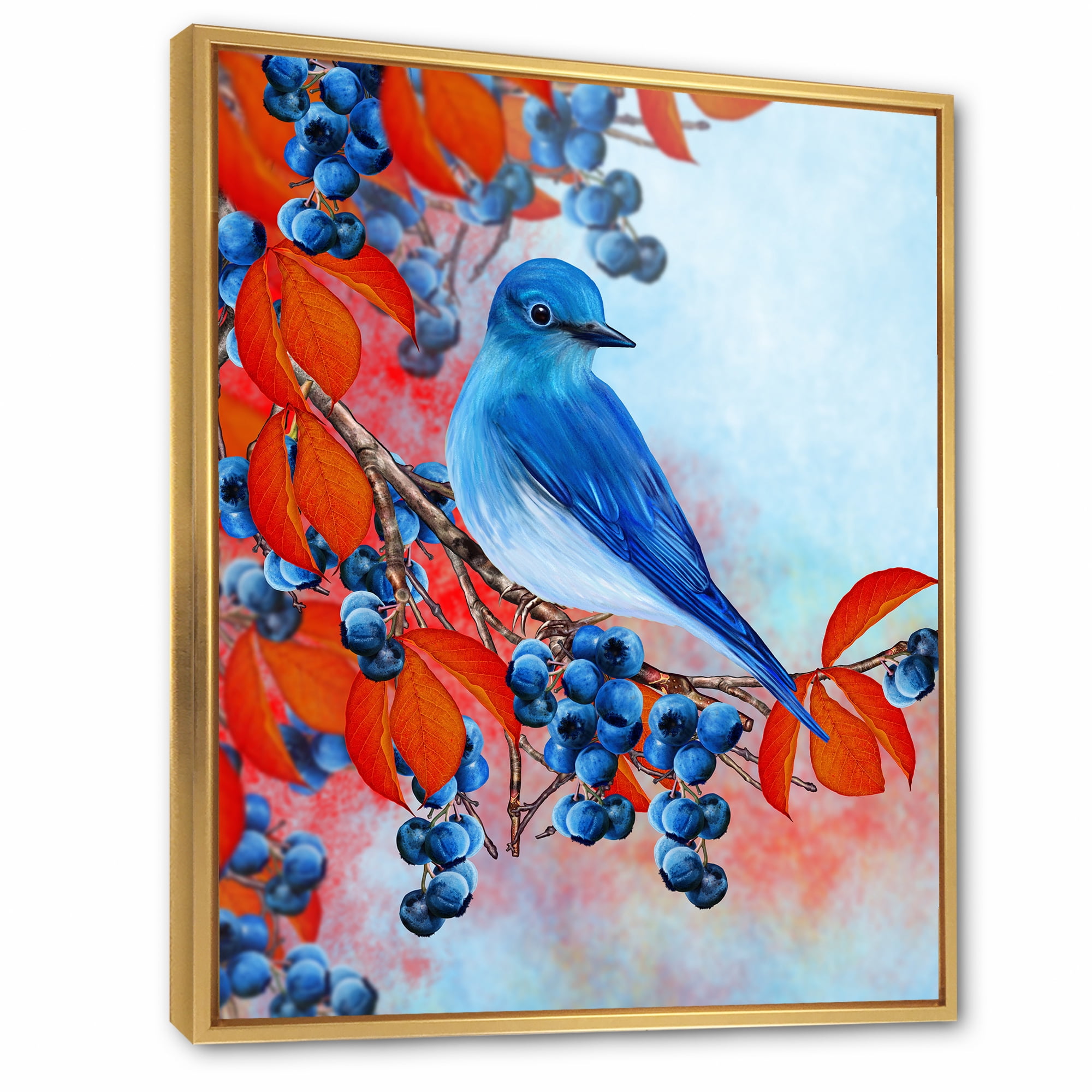 Designart 'Bright Bird Bullfinch Sitting On A Branch of Berries III' Traditional Framed Canvas Wall Art Print