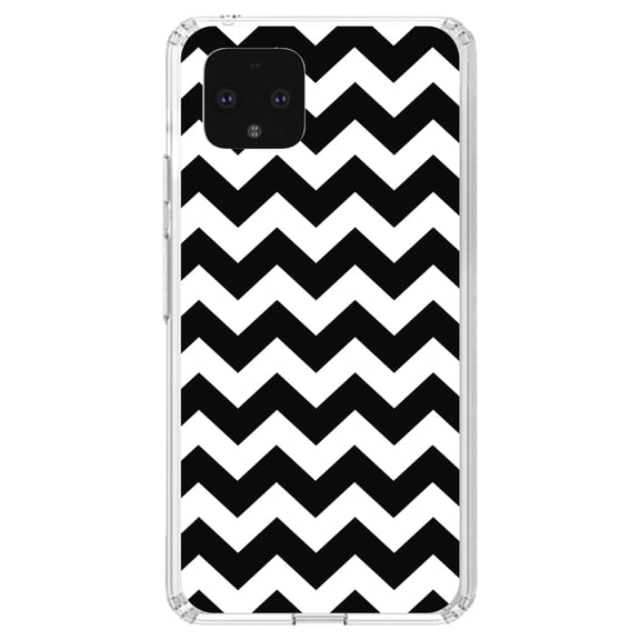 DistinctInk Clear Shockproof Hybrid Case for Google Pixel 4 (5.7" Screen) - TPU Bumper, Acrylic Back, Tempered Glass Screen Protector - Black & White Chevron Stripes - Chevron Stripes Pattern