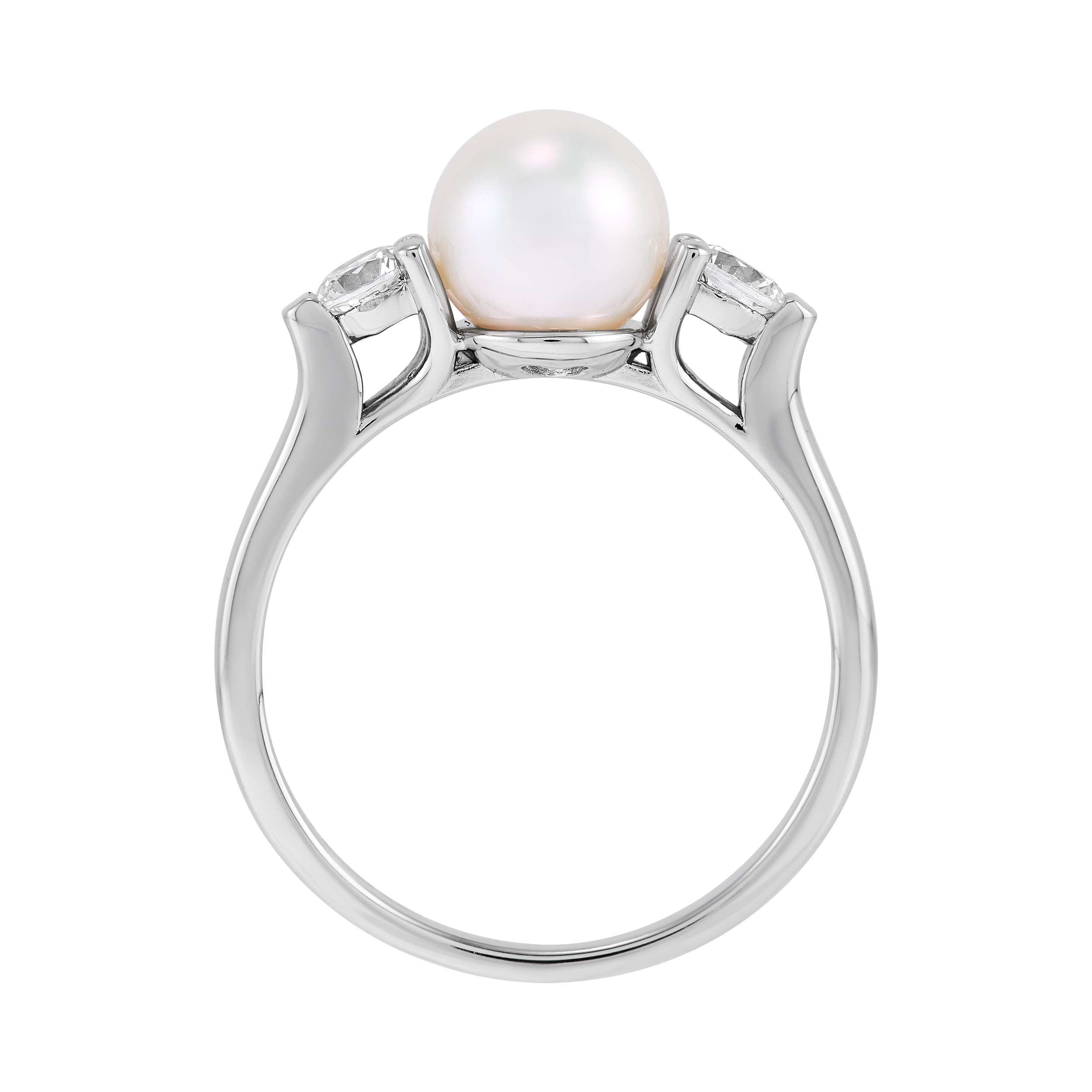 Brilliance Fine Jewelry Round White Freshwater Pearl and White Cubic Zirconia Ring in Sterling Silver