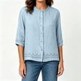 thumbnail image 4 of Ayolanni Scoop Neck Summer Women Blouses Cotton Linen Button Down Solid 3/4 Sleeve Blouse Textured Pockets Oversized Tees Summer Tops Blue L, 4 of 7