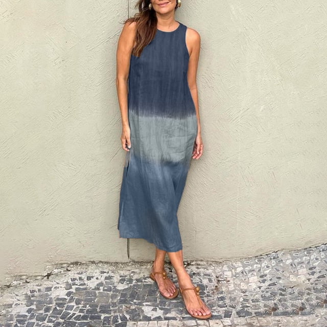 WILLBEST Maxi Vestidos de Mujer Vestido Largo Informal de Lino sin Mangas con Abertura y Degradado Teñido Anudado para Mujer XXXGrande