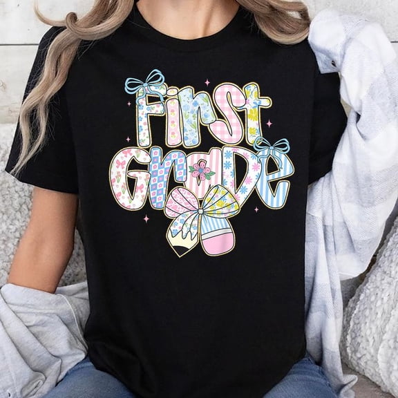 Cute Preppy First Day Of School Floral First Grade For Girls T-Shirt Unisex, Sizes S-5XL, Tbun