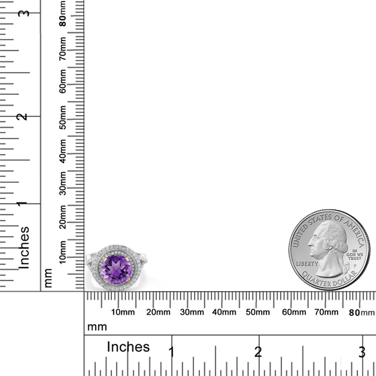 Gem Stone King 18K Two-Tone Sterling Silver Round Purple Amethyst Ring for Women | 3.00 Cttw | Gemstone Birthstone | Wedding Engagement Anniversary Promise Ring for Women | Siez 5