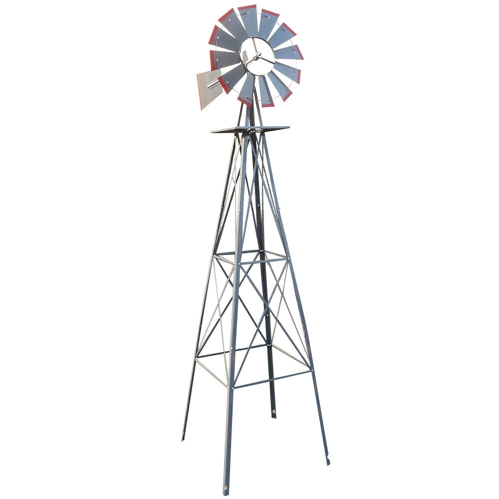New 8Ft Tall Windmill Ornamental Wind Wheel Silver Gray And Red Garden Weather Vane