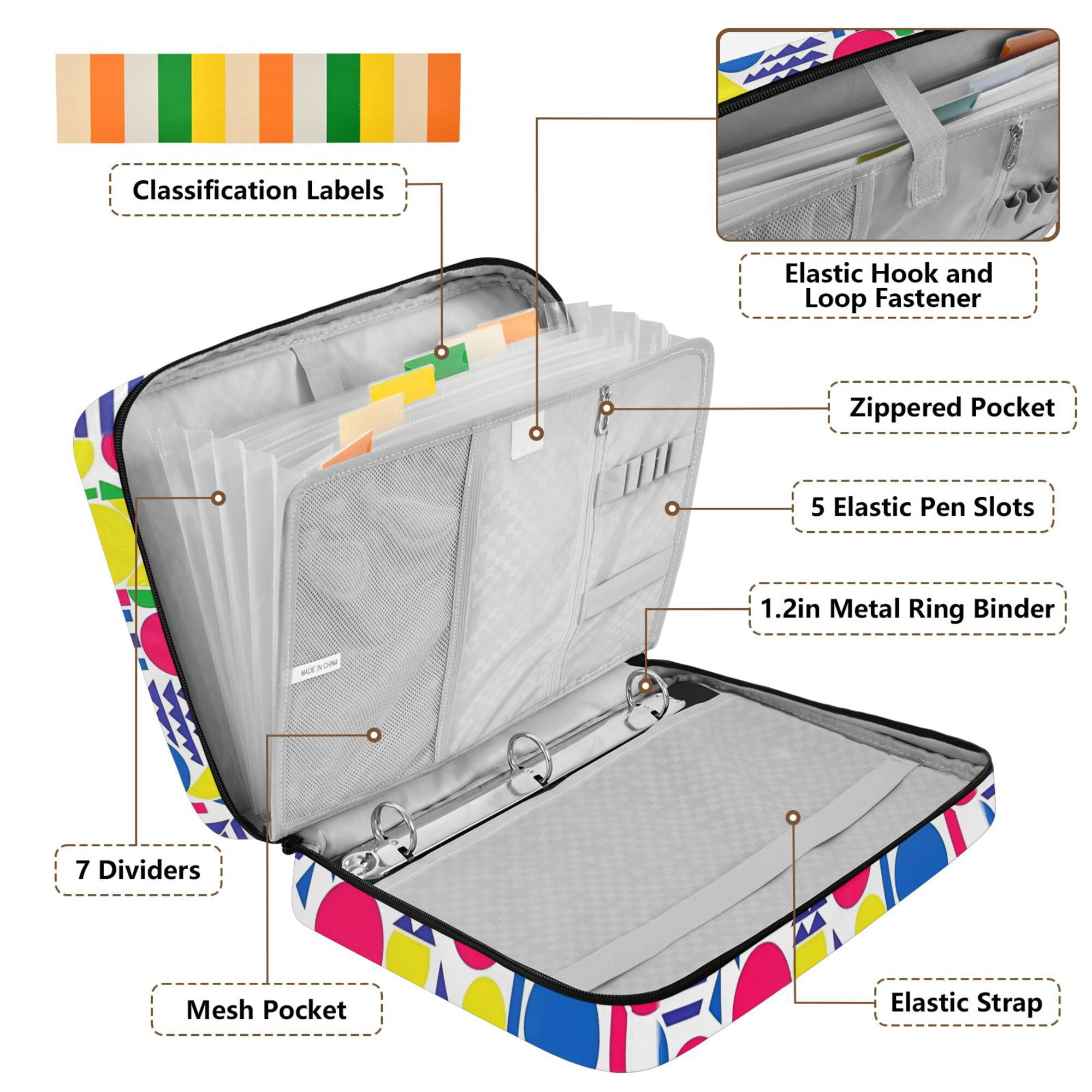 FORMRS Accordion File Folder A4 Size 7-Pocket Expanding Document Organizer Bag with 3 Ring Binder, Red Retro Shapes