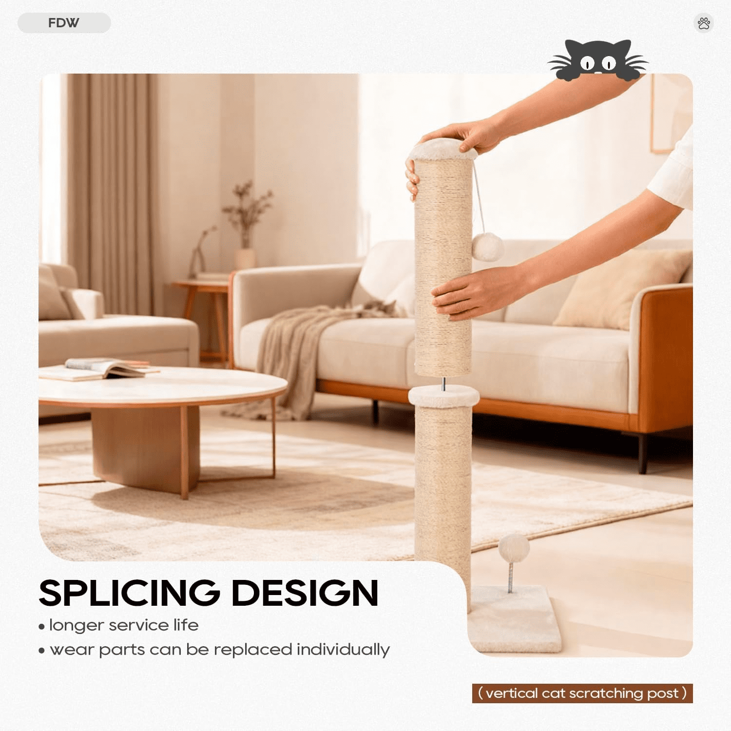 BORGEBY 33 Inch Cat Scratching Post, Natural Sisal Rope Cat Scratcher with Hanging Ball Toy for Indoor Cats and Adults ,Beige
