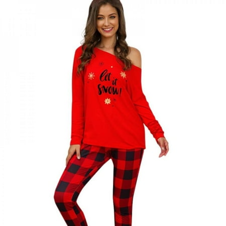 

Christmas decorations--Christmas New Loose Irregular Off-shoulder Print Tops+Plaid Pants Pajamas 2PCs Set Women