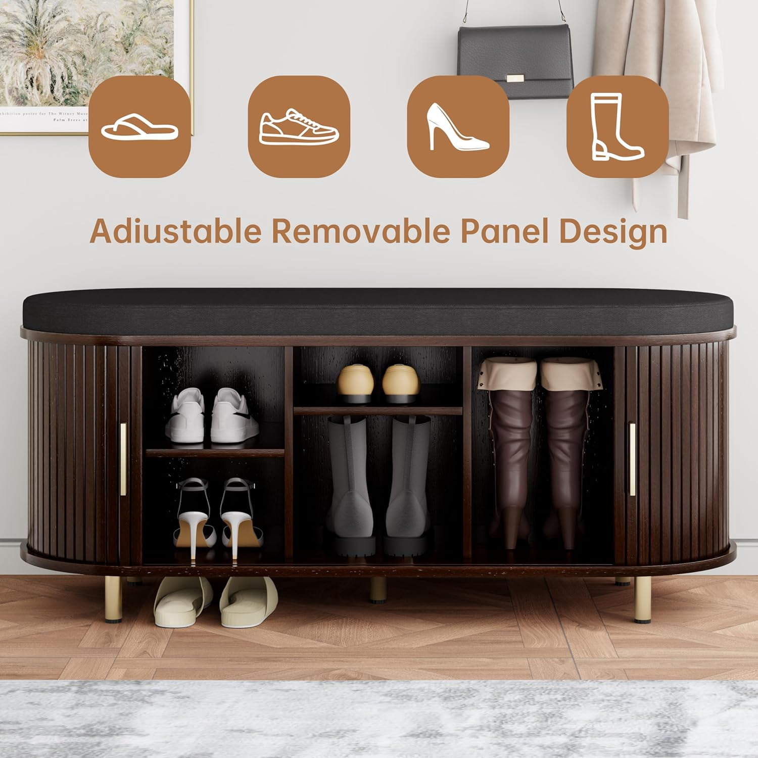 43.3" Storage Bench 2-Tier ,Wide Shoe Bench with Thickened Padded Seat Cushion, Fluted Sliding Door and Adjustable Shelf, for Entryway, Living Room, Bedroom, Dark Walnut