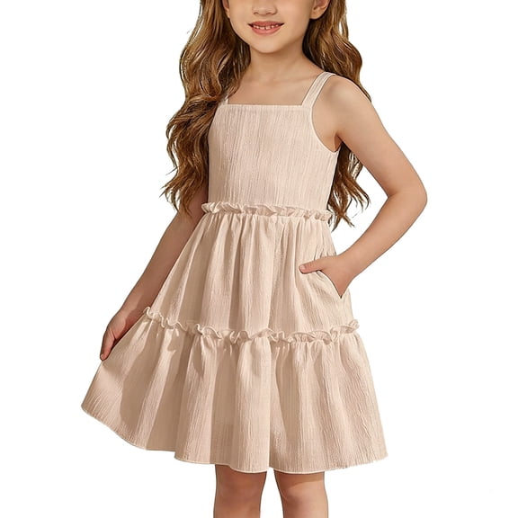 Girls Ruffle Tiered Dress Big Girls Solid Color Casual Spaghetti Strap Ruffle Trim Cake Dress Fashion Loose Fit Summer Daily Wear Outfit Beige