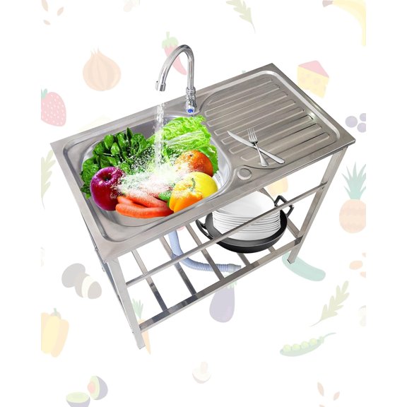 Commercial Stainless Steel Kitchen Sink w/Fauce 29.5x15.5xH29.5in Freestanding Single Bowl Utility Sink for Garage Laundry Room Restaurant Outdoor Parties Garden Sink Sturdy and Stable Workbench Sink