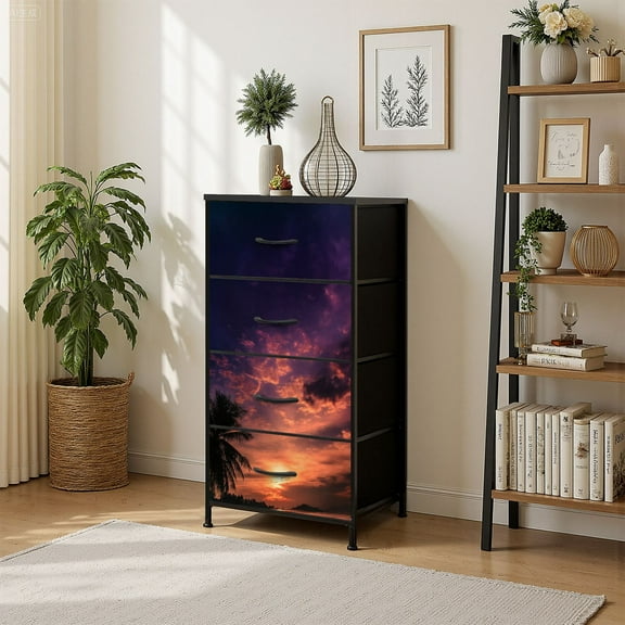 4 Drawer Vertical Storage Dresser Palm trees dramatic purple sunset with Wood Top Fabric Pull Drawers