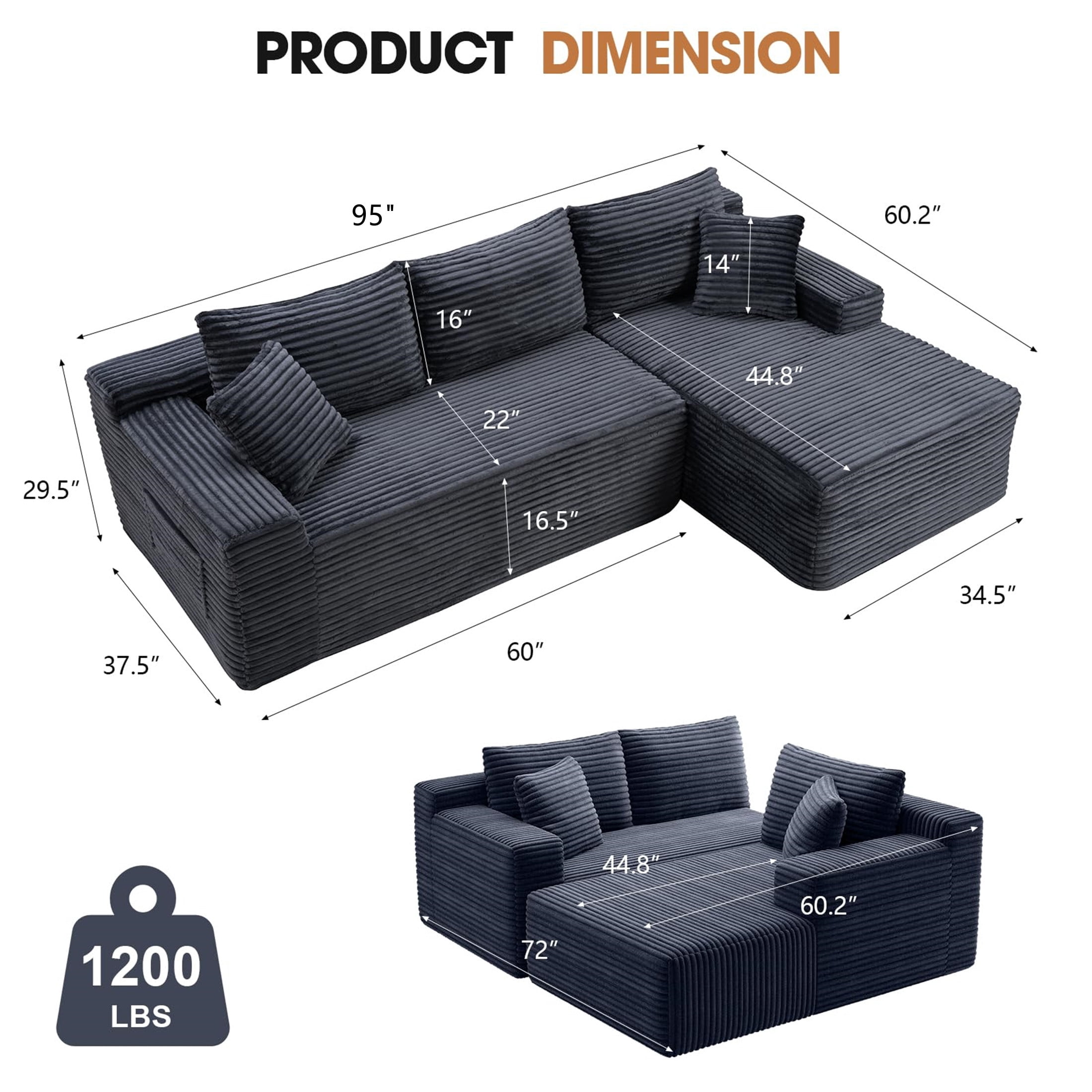 Aukfa 95" Cloud Sectional Sofa Deep Seat Boneless Couch Modular L-Shaped Couch, Right Chaise Corduroy Sofa for Living Room, Dark Gray