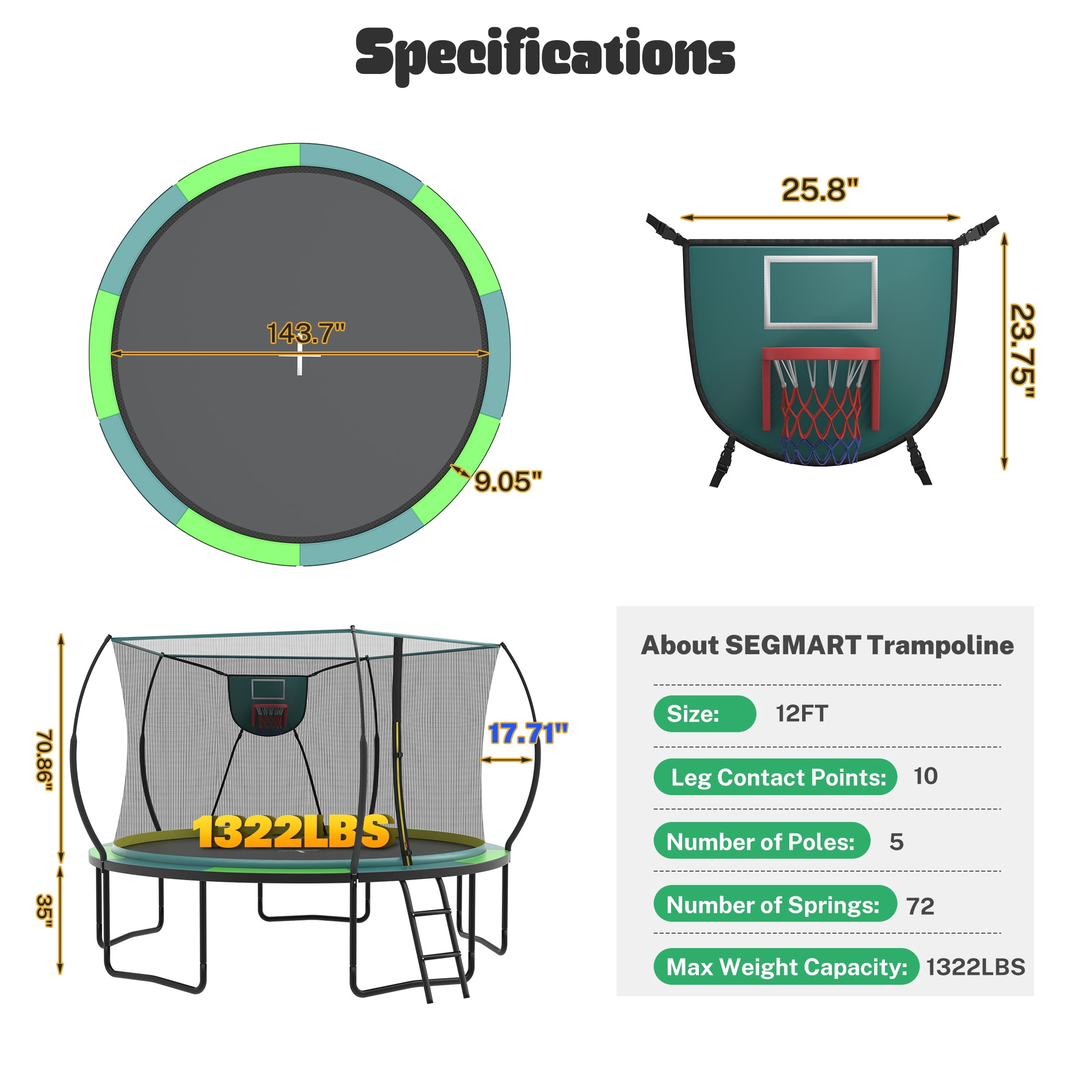 12FT Trampoline Outdoor with No-gap Design, SHINPT Trampoline for Kids Indoor, Outdoor Play Equipment with Basketball Hoop, Toddler Trampoline with Enclosure Net, Recreational Trampoline for Gift