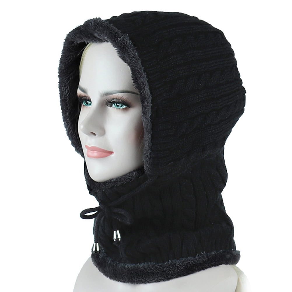 Women Winter Warm Drawstring Knitted Hat Neck Warmer Fleece Lined Hood Scarf Cap